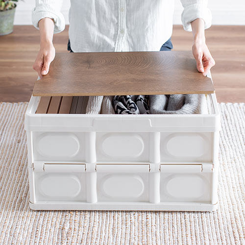 折りたたみ コンテナ（フタ付き・55L・木製蓋付き・テーブル・アウトドア・軽量・ホワイト）