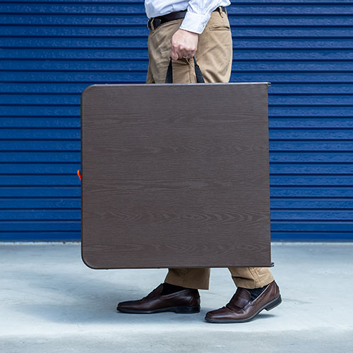 折りたたみテーブル（省スペース・W1220mm・D600mm・樹脂天板・高さ変更・簡単組立・持ち運び・取っ手付き・ブラウン）