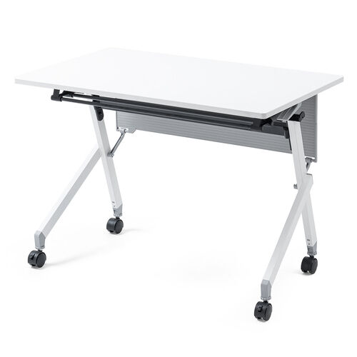 折りたたみテーブル（学習塾机・テレワーク向け・天板幅100cm・天板奥行60cm・キャスター付き・中棚付き・幕板付き・木目調・選挙グッズ・ホワイト）