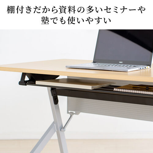 折りたたみテーブル（学習塾机・テレワーク向け・天板幅100cm・天板奥行60cm・キャスター付き・中棚付き・幕板付き・木目調・選挙グッズ・ホワイト）