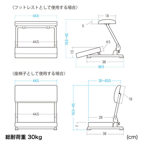 【アウトレット】3WAYフットレスト（極厚クッション・14段階高さ調整・角度調整・オットマン・デスク用・足置き台・折りたたみ・ブラック）