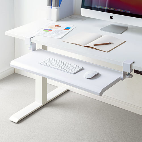 キーボードスライダー（デスク設置・クランプ式・後付対応・フルキーボード・マウス収納対応・幅70cm・ホワイト）