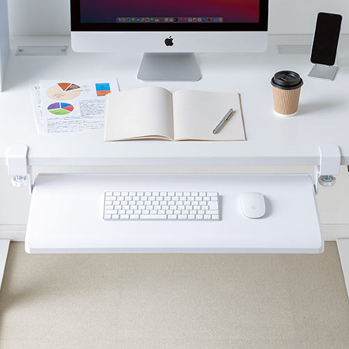 キーボードスライダー（デスク設置・クランプ式・後付対応・フルキーボード・マウス収納対応・幅70cm・ホワイト）