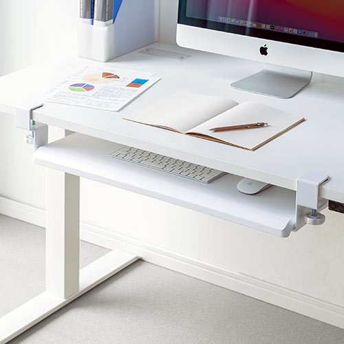 キーボードスライダー（デスク設置・クランプ式・後付対応・フルキーボード・マウス収納対応・幅70cm・ホワイト）