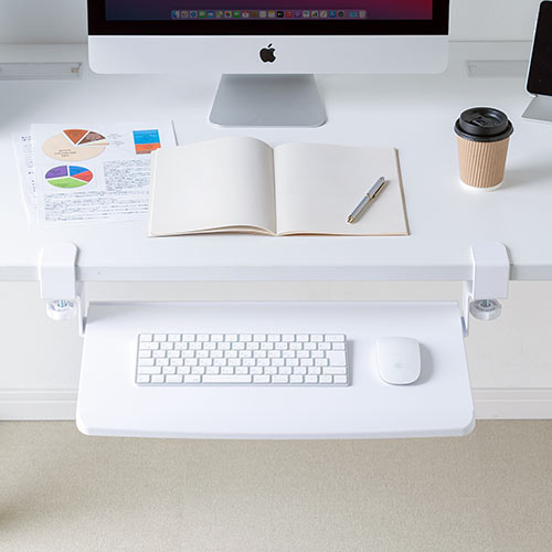 キーボードスライダー（デスク設置・クランプ式・後付対応・キーボード・マウス収納対応・幅51cm・ホワイト）