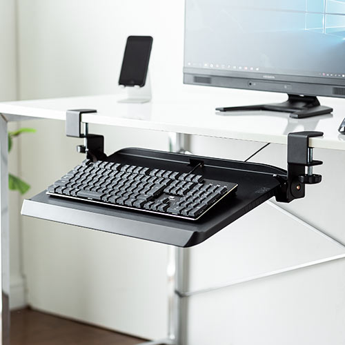 キーボードスライダー（後付・クランプ取付・デスク設置・角度調整対応・ブラック）