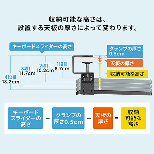 キーボードスライダー キーボードトレー 後付け クランプ固定 高さ調整対応 小さめ ブラック