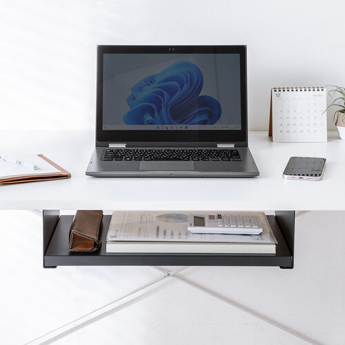 デスク下収納ラック（後付け・木ネジ固定・天板下収納トレー・デスク設置・書類・小物・ブラック）