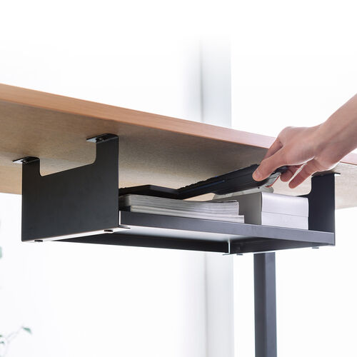 デスク下収納ラック（後付け・木ネジ固定・天板下収納トレー・デスク設置・書類・小物・ブラック）