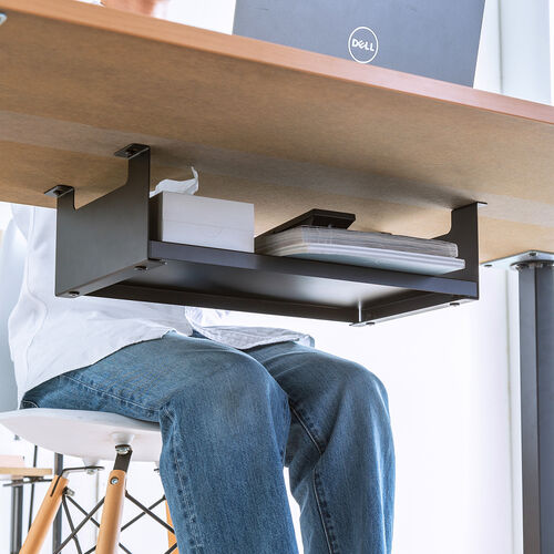 デスク下収納ラック（後付け・木ネジ固定・天板下収納トレー・デスク設置・書類・小物・ブラック）