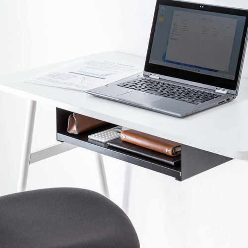 デスク下収納ラック（後付け・木ネジ固定・天板下収納トレー・デスク設置・書類・小物・ブラック）