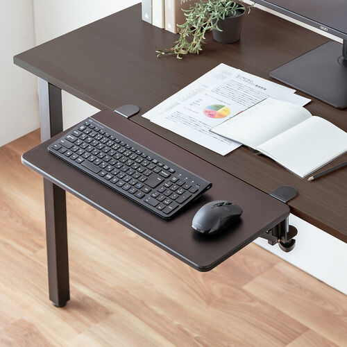 【アウトレット】デスクエクステンダー（机・天板拡張・後付・折りたたみ・テーブル拡張・クランプ固定・キーボードトレー・幅55cm・奥行25cm・ブラウン）