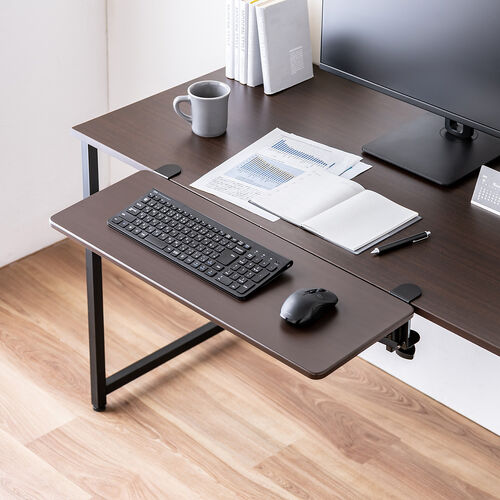 デスクエクステンダー（机・天板拡張・後付・折りたたみ・テーブル拡張・クランプ固定・キーボードトレー・幅70cm・奥行25cm・ブラウン）