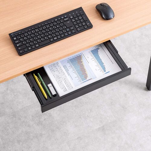 デスク下収納ボックス（引き出し・後付け・木ネジ固定・幅42.3cm・A4対応・デスク設置・書類・小物・ドロワー・ブラック・Sサイズ）