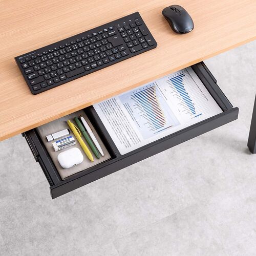 デスク下収納ボックス（引き出し・後付け・木ネジ固定・幅52.3cm・A4対応・デスク設置・書類・小物・ドロワー・ブラック・Mサイズ）
