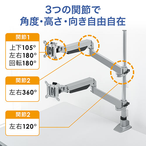 モニターアーム（ガス圧・デュアル・2画面・水平垂直・3関節） EZ1-LA043