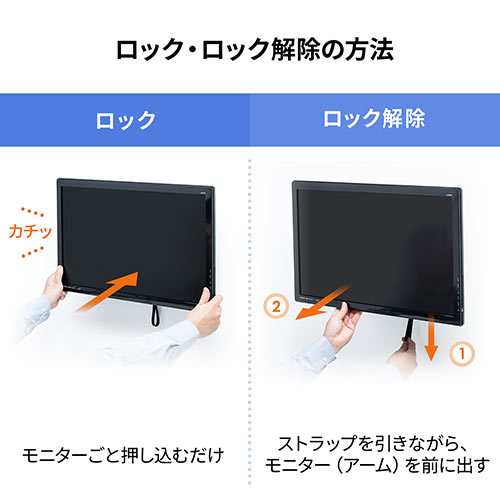 壁面モニターアーム(3関節・壁付・省スペース・27インチ設置・ロック