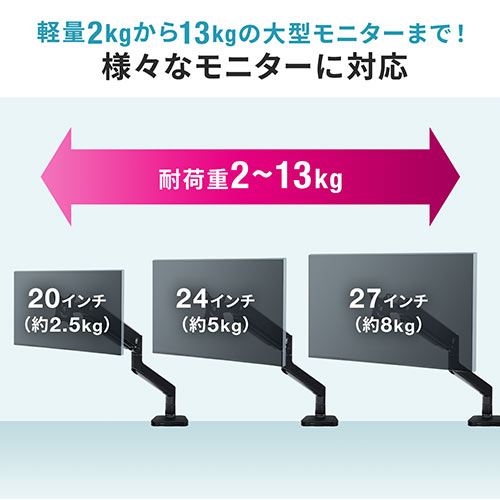 モニターアーム ディスプレイアーム スプリング式 机固定 クランプ固定 耐荷重2～13kg対応 27インチ対応 ブラック