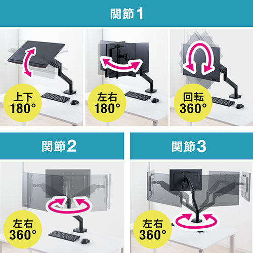 モニターアーム ディスプレイアーム スプリング式 机固定 クランプ固定 耐荷重2～13kg対応 27インチ対応 ブラック