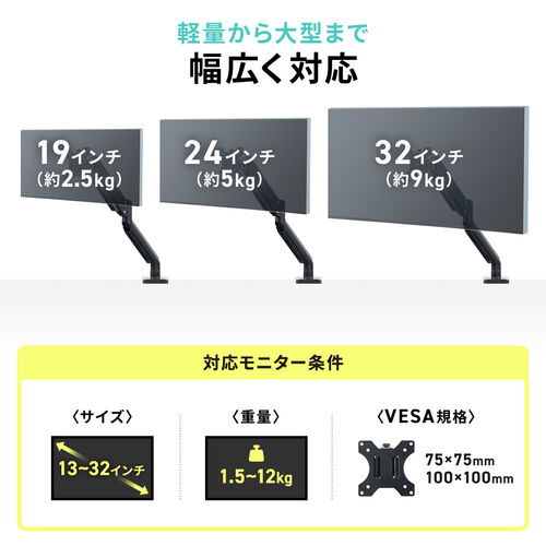 モニターアーム（シングル・ガス・32インチ・上下・左右・耐荷重12kgまで対応・ホワイト）