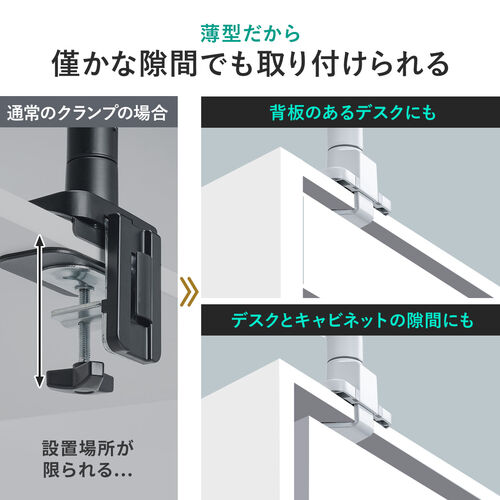 モニターアーム（シングルアーム・薄型クランプ・32インチ対応・ガススプリング式・耐荷重1～15kg・ホワイト）