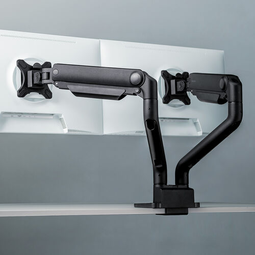 モニターアーム（デュアル・2画面・薄型クランプ・32インチ対応・ガススプリング式・耐荷重1～15kg・ブラック）