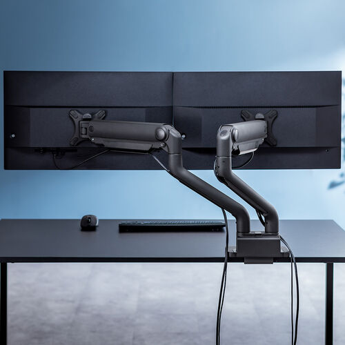 モニターアーム（デュアル・2画面・薄型クランプ・32インチ対応・ガススプリング式・耐荷重1～15kg・ブラック）