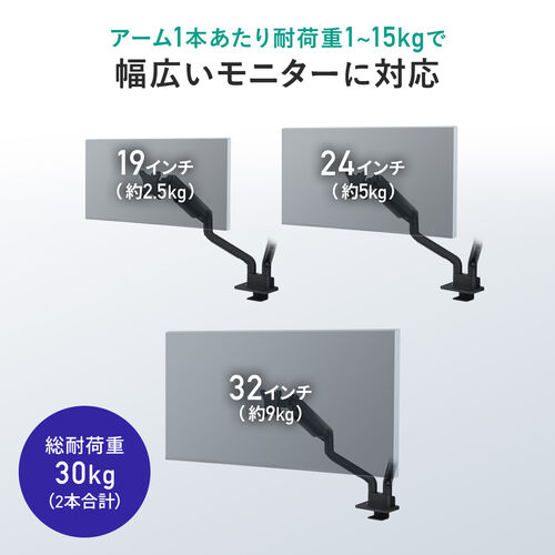 モニターアーム（デュアル・2画面・薄型クランプ・32インチ対応・ガススプリング式・耐荷重1～15kg・ホワイト）