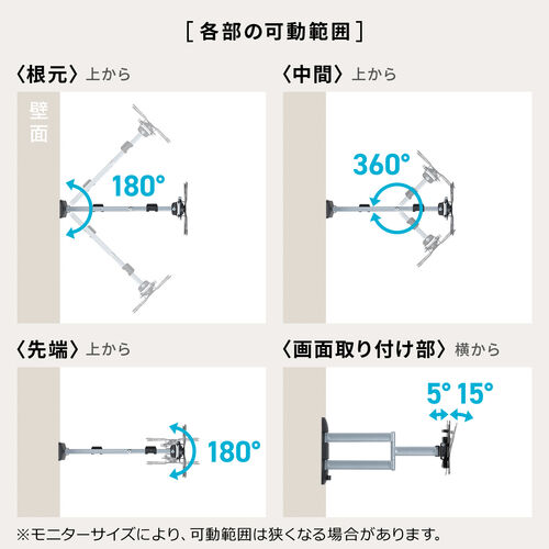 壁掛けテレビ金具（壁面固定・3関節・43インチ対応・耐荷重30kg・VESA・モニターアーム・ディスプレイアーム） LASM007