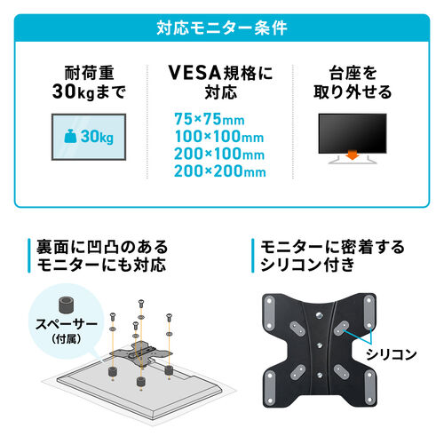 壁掛けテレビ金具（壁面固定・3関節・43インチ対応・耐荷重30kg・VESA・モニターアーム・ディスプレイアーム） LASM007