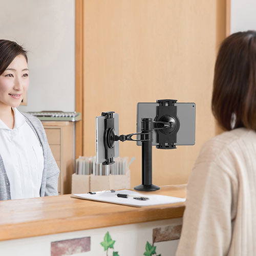 タブレットスタンド（アーム式・クランプ設置・2台同時設置・4.5インチ～10.5インチ対応・POSレジ・受付用）