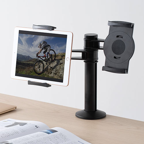 タブレットスタンド（アーム式・クランプ設置・2台同時設置・4.5インチ～10.5インチ対応・POSレジ・受付用）