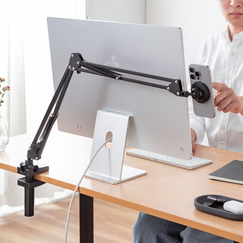 iPhone マグネット取付対応アームスタンド（寝ながら・アーム・クランプ固定式・3関節・ベッドサイド取付可能・360度回転）