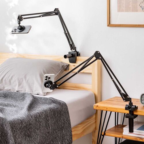 iPhone マグネット取付対応アームスタンド（寝ながら・アーム・クランプ固定式・3関節・ベッドサイド取付可能・360度回転）