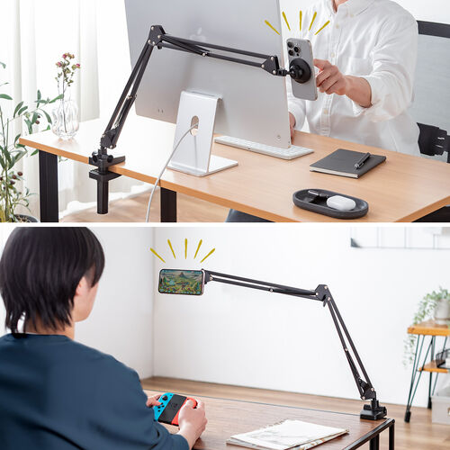 iPhone マグネット取付対応アームスタンド（寝ながら・アーム・クランプ固定式・3関節・ベッドサイド取付可能・360度回転）