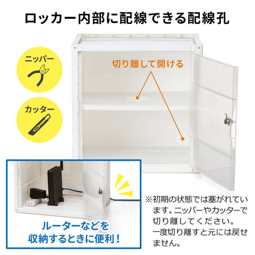 プラスチックロッカー（樹脂製セキュリティボックス・不透明タイプ・鍵付き・ホワイト・棚板付属・配線可能・軽量・縦横連結・スタッキング・工具不要・簡単組立）