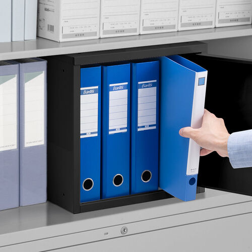 セキュリティボックス（小型・スチール製・鍵付き・ブラック・ロッカー・ブックトレー付き・スタッキング可能・簡単組立・A4・書類・セキュリティワイヤー）