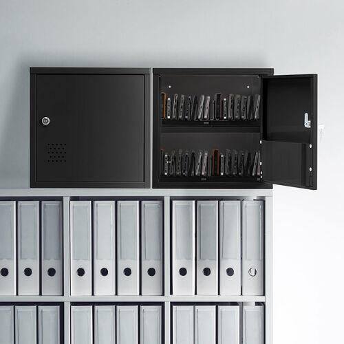 セキュリティボックス（小型・スチール製・鍵付き・ブラック・ロッカー・ブックトレー付き・スタッキング可能・簡単組立・A4・書類・セキュリティワイヤー）