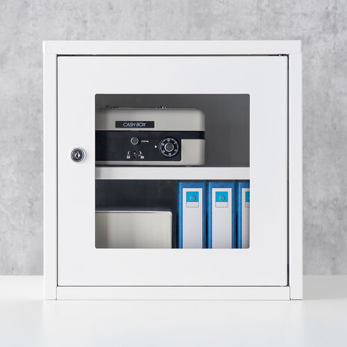 セキュリティボックス（小窓付き・小型・スチール製・鍵付き・スタッキング可能・簡単組立・A4・書類・セキュリティワイヤー）