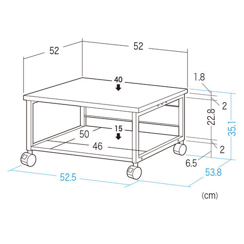 プリンタ台（プリンタラック・ロータイプ・キャスター付き・収納・棚付き・幅52cm×奥行き52cm×高さ35.1cm・木目・ブラック）
