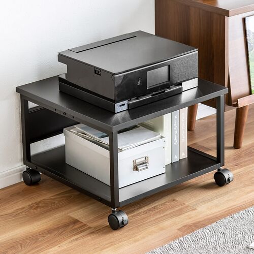 プリンタ台（プリンタラック・ロータイプ・キャスター付き・収納・棚付き・幅52cm×奥行き52cm×高さ35.1cm・木目・ブラック）