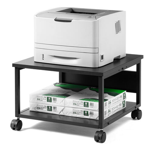 プリンタ台（プリンタラック・ロータイプ・キャスター付き・収納・棚付き・幅52cm×奥行き52cm×高さ35.1cm・木目・ブラック）