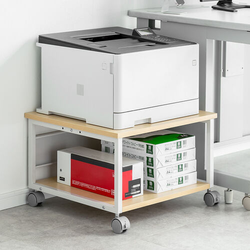 プリンタ台（プリンタラック・ロータイプ・キャスター付き・収納・棚付き・幅52cm×奥行き52cm×高さ35.1cm・木目・ライトブラウン）