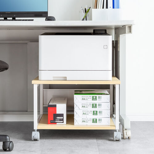 プリンタ台（プリンタラック・ロータイプ・キャスター付き・収納・棚付き・幅52cm×奥行き52cm×高さ35.1cm・木目・ライトブラウン）