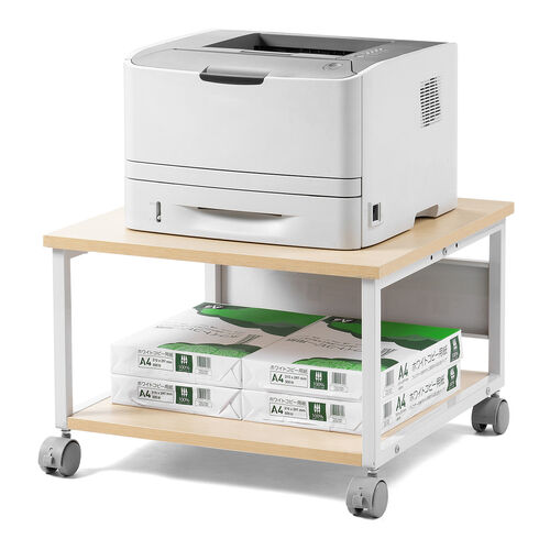 プリンタ台（プリンタラック・ロータイプ・キャスター付き・収納・棚付き・幅52cm×奥行き52cm×高さ35.1cm・木目・ライトブラウン）