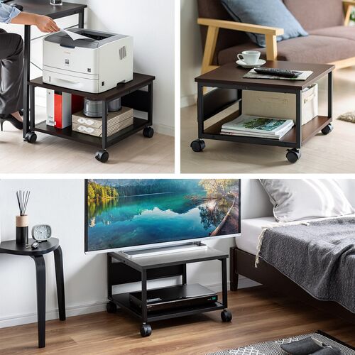 プリンタ台（プリンタラック・ロータイプ・キャスター付き・収納・棚付き・幅52cm×奥行き52cm×高さ35.1cm・木目・ライトブラウン）