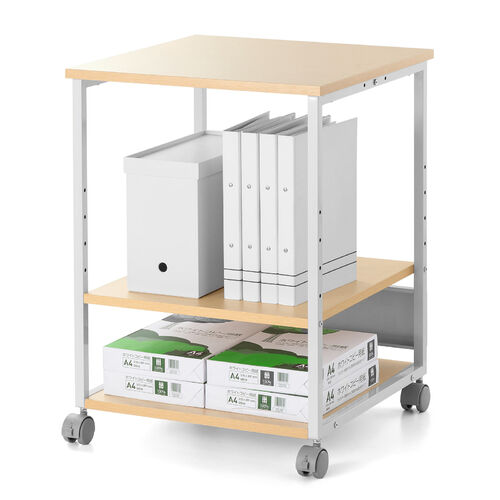 プリンタ台（プリンタラック・ロータイプ・キャスター付き・収納・棚付き・幅52cm×奥行52cm×高さ70cm・木目・ライトブラウン）