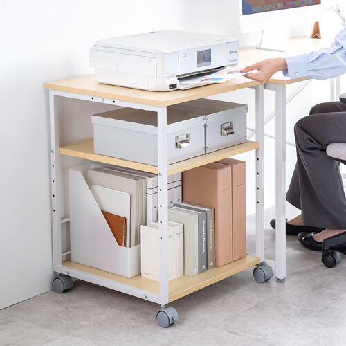 プリンタ台（プリンタラック・ロータイプ・キャスター付き・収納・棚付き・幅52cm×奥行52cm×高さ70cm・木目・ライトブラウン）