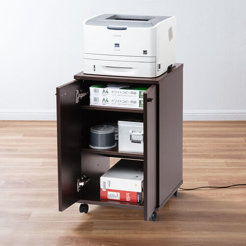 プリンタースタンド（木製・扉付・キャスター・ケーブル配線・ルーター収納・ケーブル収納）