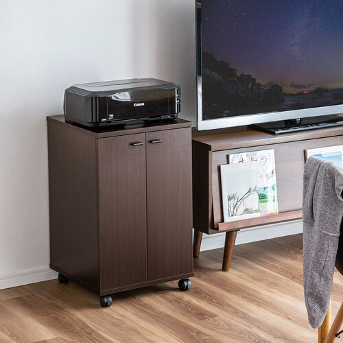 プリンタースタンド（木製・扉付・キャスター・ケーブル配線・ルーター収納・ケーブル収納）